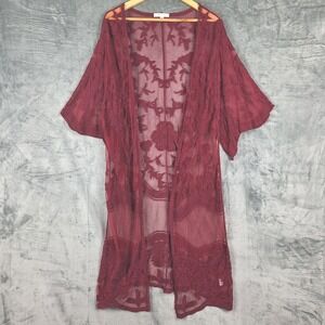 Womens Kimono S/M Red Sheer Floral Duster Cardigan Festival Boho Embroidered